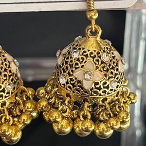 Gold Metallic Filigree Chandelier Jhumka Earrings White Enamel flowers gold bead
